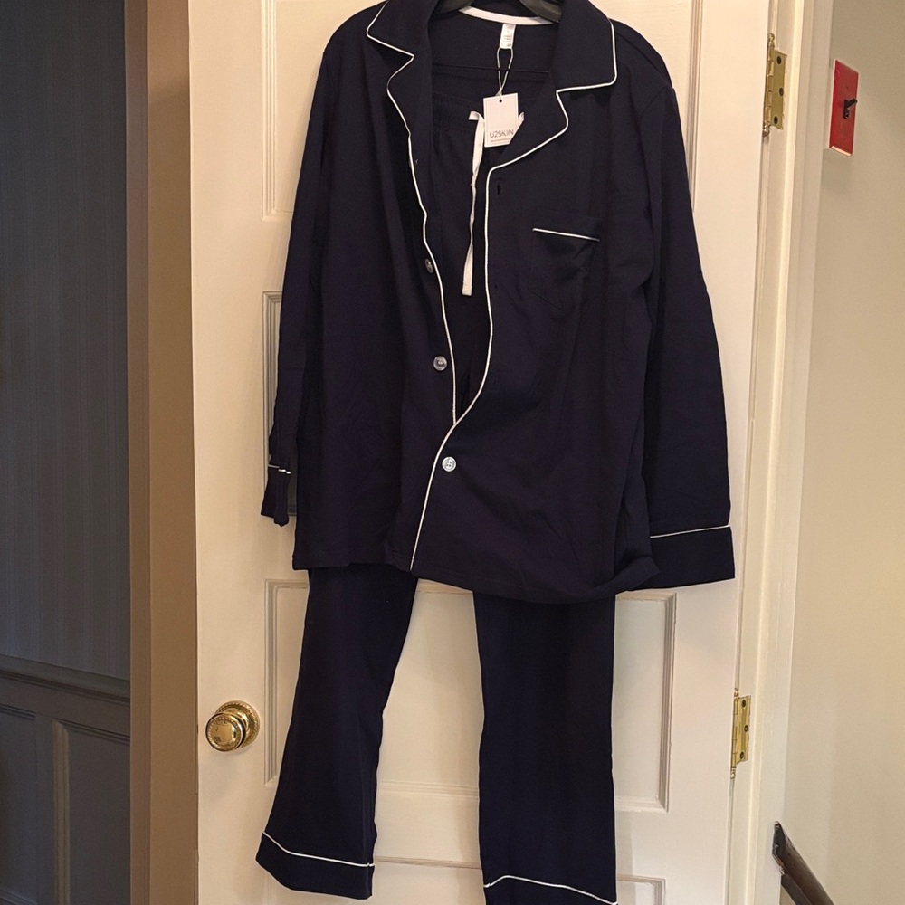 U2Skiin Navy Pajama Set with White Piping Men’s Size L 100%‎ Cotton